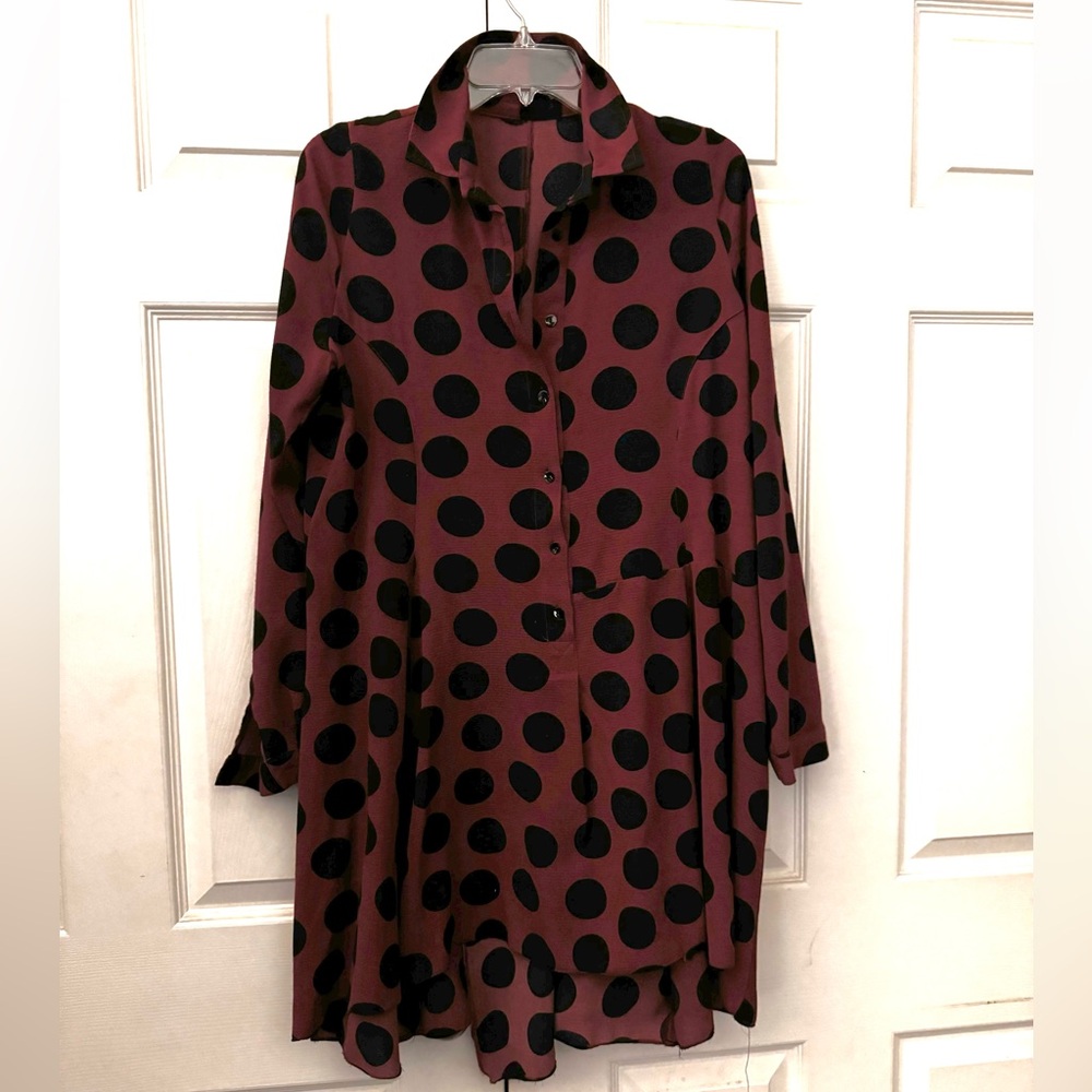 Alembika Red Crepe Tunic Top with Black Dots, Button Up Collar and Sleeve Cuffs